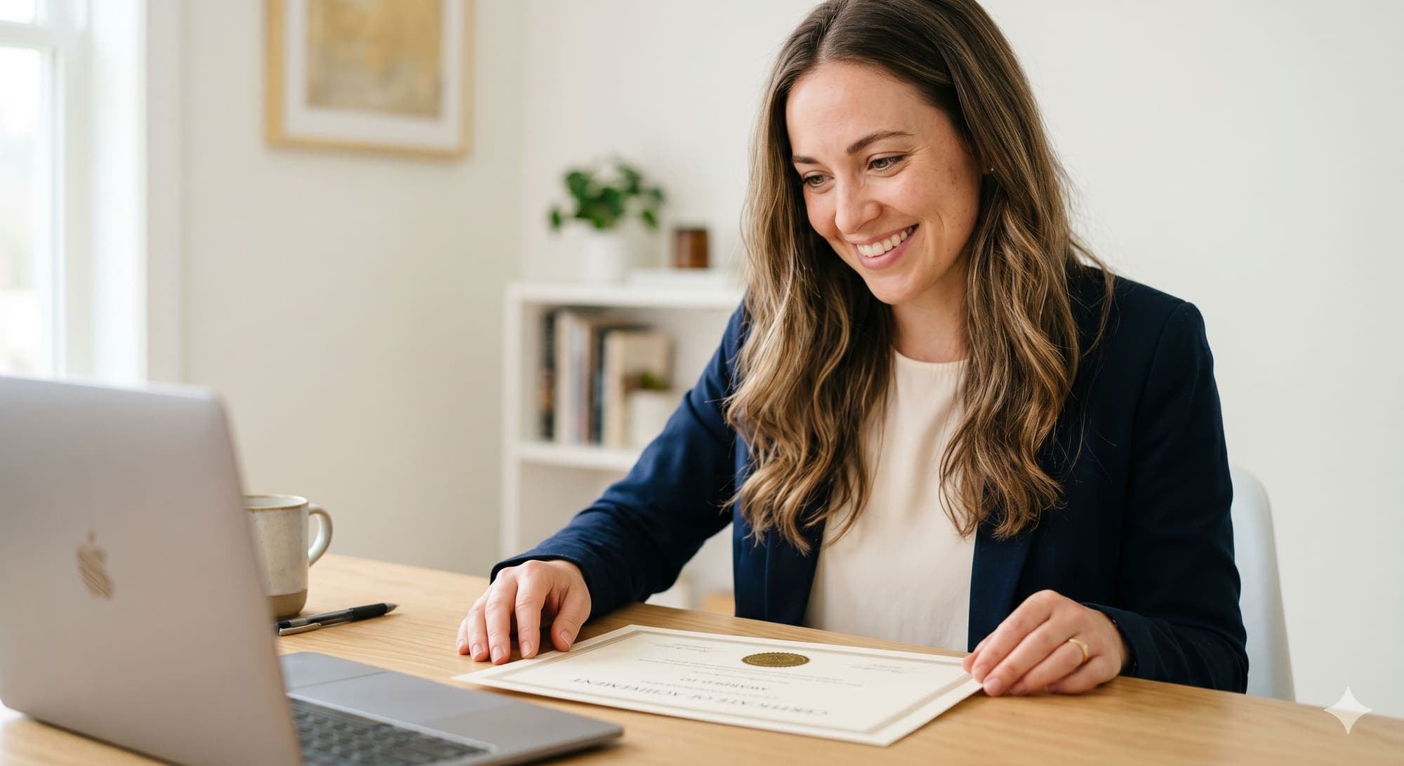 Graduate smiling at her certificate beside a laptop