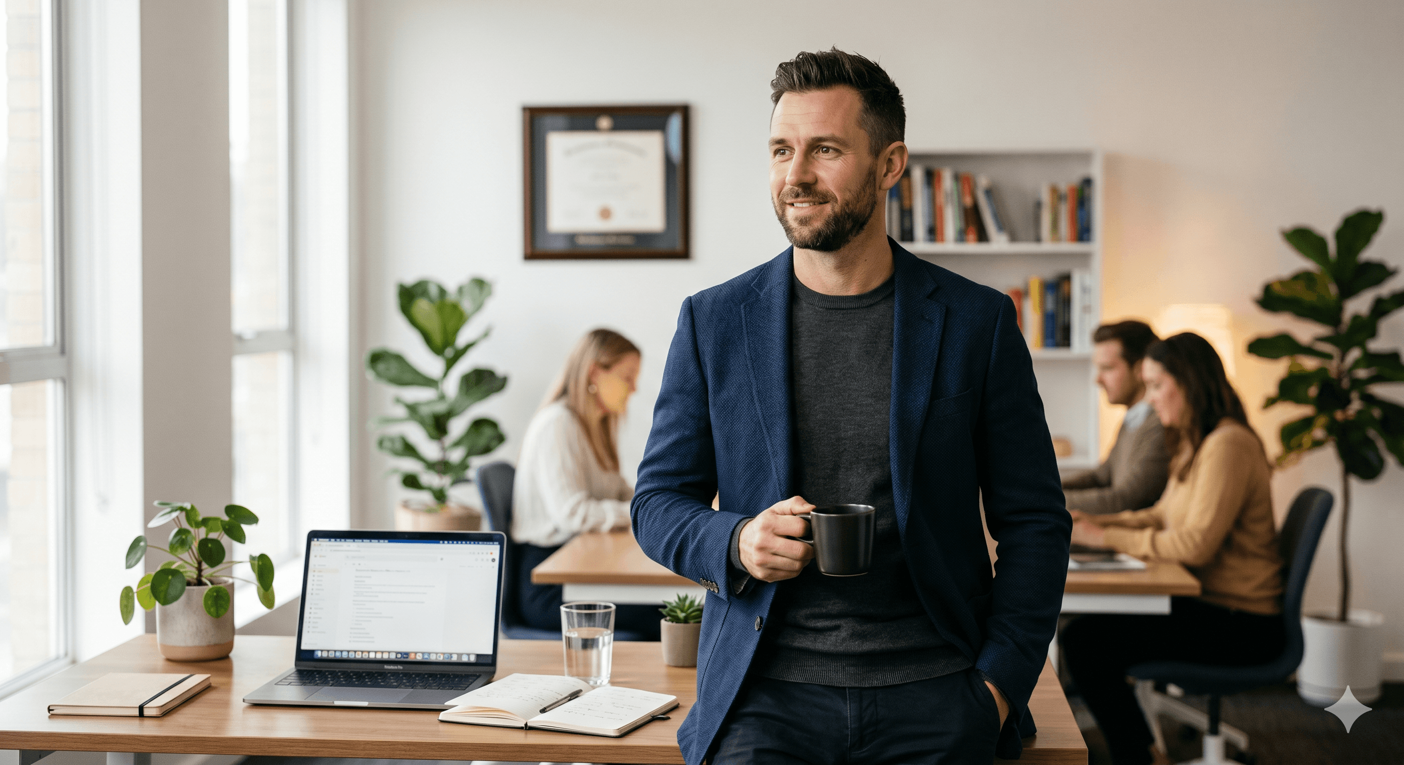 Graduate at his workspace, framed diploma on the wall behind him